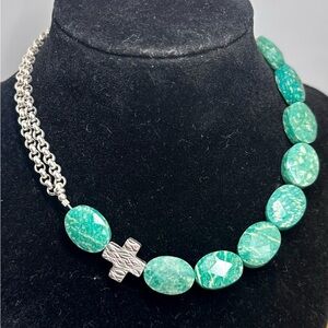 Vintage Sterling Silver Square Cross Bead Amazonite Scroll Chain Choker Necklace